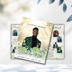 May include: A memorial card with the text "In Loving Memory" and the name "Harry Nik". The card features a photo of a man in a green suit, floral accents, and the dates December 9th, 1955 - April 9th, 2025.