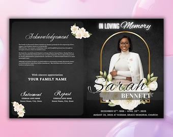 Black & White Roses Funeral Program Template, 8-Page Memorial (Canva Digital Download)