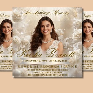以下が含まれることがあります： 女性の肖像画、白いバラ、蝶が描かれた追悼プログラム。テキストには「In Loving Memory」、名前「Keisha Bennett」、日付が含まれています。追悼式典の詳細も記載されています。