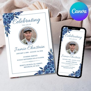 May include: A funeral announcement with a photo of a person, framed by blue floral accents. The text reads "Celebrating the Life of Jamie Chastain" with dates and service details. A smartphone displays the same design.