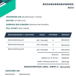 May include: A Proledger Planner invoice template with a teal and white design. The document includes fields for customer details, service descriptions, prices, and totals. The invoice number is #001.