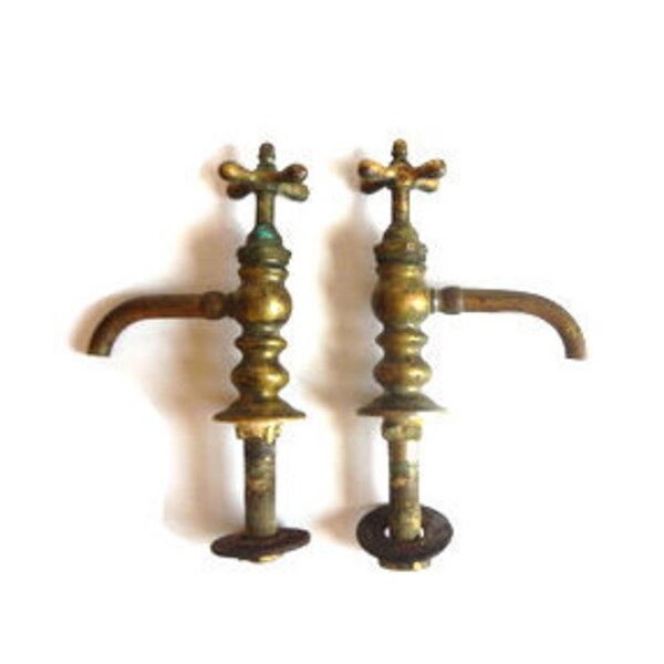 Pair of Antique Brass Hot and Cold Faucets