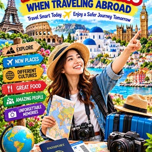 Könnte beinhalten: Ein Reiseplakat mit dem Titel 10 DO'S AND DON'TS WHEN TRAVELING ABROAD, das eine Weltkarte, einen blauen Reisepass, eine Kamera, einen Globus, einen Kompass, eine Sonnenbrille, einen Koffer und ein hölzernes Wegweiser-Schild zeigt.