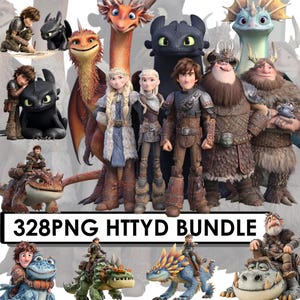 May include: A collection of How to Train Your Dragon characters and dragons. The image includes various figures of the main characters, including Hiccup, Astrid, and Toothless, along with several dragons. The text "328PNG HTTYD BUNDLE" is displayed at the bottom.
