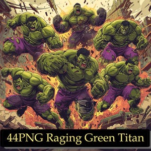 Puede incluir: Ilustración digital que presenta múltiples figuras de piel verde con pantalones cortos morados, en una pose dinámica y llena de acción. Las figuras están rodeadas por una escena de destrucción. El texto "44PNG Raging Green Titan" está en la parte inferior.