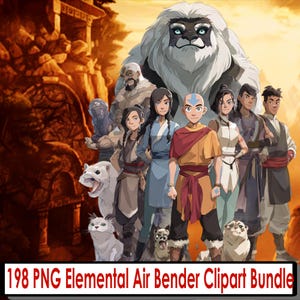 Può includere: Illustrazione digitale con personaggi della serie animata Avatar - La leggenda di Aang. L'immagine mostra un gruppo di personaggi, una grande creatura bianca e il testo "198 PNG Elemental Air Bender Clipart Bundle".