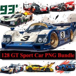 Puede incluir: Una ilustración de varios coches deportivos GT en varios colores, incluyendo azul, blanco, rojo y amarillo. La imagen incluye el texto "128 GT Sport Car PNG Bundle". Los coches están representados en un estilo dinámico y artístico.