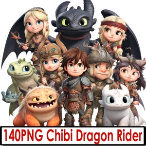 以下が含まれることがあります： 「ヒックとドラゴン」シリーズのキャラクターとドラゴンたちのちびキャラ風デジタルイラスト。様々なドラゴンライダーとドラゴンが描かれており、下部には「140PNG Chibi Dragon Rider」の文字が配置されています。