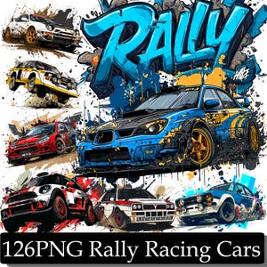 May include: An illustration featuring several rally racing cars in action, with a large "RALLY" graffiti-style text in blue. The cars are depicted in various colors, including white, red, yellow, and blue, with splashes of mud and paint. The image includes the text "126PNG Rally Racing Cars".