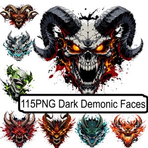 Puede incluir: Arte digital que presenta varias caras demoníacas con cuernos, dientes afilados y ojos brillantes. La imagen incluye una calavera grande con una expresión amenazante y el texto "115PNG Dark Demonic Faces."