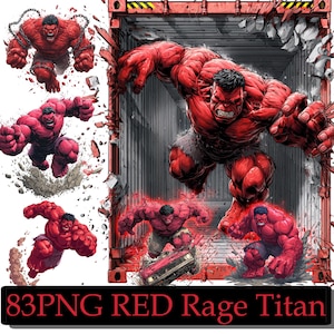 Puede incluir: Ilustración digital de Red Hulk rompiendo una pared de contenedor. La imagen muestra a Hulk en varias poses de acción, con una combinación de colores rojos y una pancarta negra en la parte inferior que dice "83PNG RED Rage Titan."