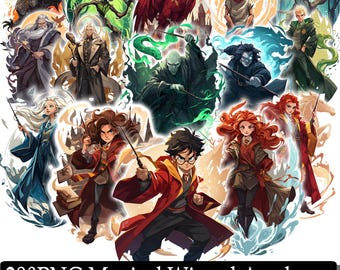 Magical Wizard Academy PNG Bundle | Fantasy Spellcaster Characters & Mythical Creatures