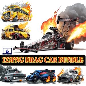 May include: A collection of digitally illustrated drag cars, including a yellow school bus, a yellow Volkswagen Beetle, and a sleek dragster. The image also features a blue sports car and a gray pickup truck, all with flames.