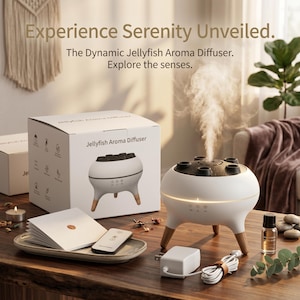 Peut inclure: Un diffuseur d'arômes Jellyfish blanc et noir avec des pieds en bois, dégageant de la vapeur. Le produit est présenté avec son emballage, une télécommande et une bouteille d'huile essentielle. La boîte indique "Jellyfish Aroma Diffuser". Le texte "Experience Serenity Unveiled" est également visible.