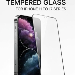 May include: A smartphone with a screen protector. The phone is silver with a screen displaying a purple and blue galaxy image. A clear, tempered glass screen protector is leaning against the phone. Text at the top reads "TEMPERED GLASS FOR IPHONE 11 TO 17 SERIES."