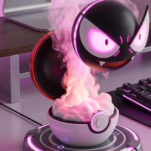 May include: A black and white animated character with glowing pink eyes and a mouth with sharp teeth. The character is above a white and pink bowl emitting pink vapor. The bowl sits on a circular base with a pink light.