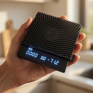 Könnte beinhalten: Eine schwarze digitale Küchenwaage mit geriffelter Oberseite und digitaler Anzeige von Zeit und Gewicht. Das Display zeigt "00:00 0.0 - 71.2". Die Waage wird in einer Hand gehalten.