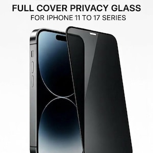 Pode incluir: Protetor de tela de vidro de privacidade de cobertura total preto para iPhone 11 a 17. O protetor de tela é mostrado ao lado de um iPhone prateado. O texto "FULL COVER PRIVACY GLASS" está no topo da imagem.