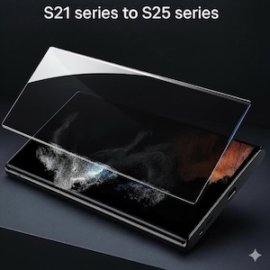 Puede incluir: Un teléfono inteligente negro con un protector de pantalla que se está aplicando. El protector de pantalla es transparente y reflectante, con el texto "S21 series to S25 series" en la parte superior. El teléfono tiene un diseño elegante y moderno.