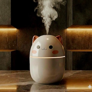 Op de afbeelding: Een witte katvormige etherische olie diffuser met een schattig gezicht en koperkleurige oren. De diffuser geeft een stroom damp af. De basis van de diffuser heeft een zachte gloed. Het product is ontworpen voor aromatherapie.