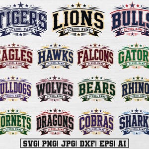 May include: A collection of sixteen sports-style team logos featuring animal names like Tigers, Lions, Bulls, Eagles, Hawks, Falcons, Gators, Bulldogs, Wolves, Bears, Rhinos, Hornets, Dragons, Cobras, and Sharks, each with the text SCHOOL NAME.