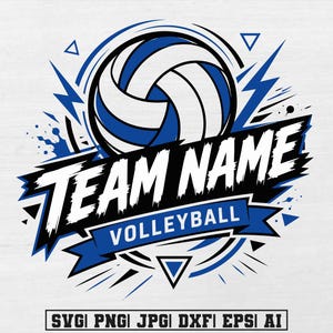 Puede incluir: Un diseño gráfico que presenta un balón de voleibol azul y blanco centrado sobre una pancarta negra con el texto TEAM NAME y una cinta azul debajo con el texto VOLLEYBALL. El diseño incluye detalles de rayos y formas geométricas.