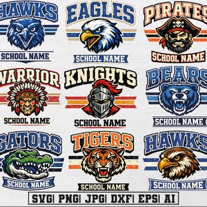 May include: A collection of nine sports mascot logos featuring stylized heads of hawks, eagles, a pirate, a warrior, a knight, a bear, a gator, and a tiger. Each emblem includes bold text labels like HAWKS, EAGLES, PIRATES, and SCHOOL NAME.