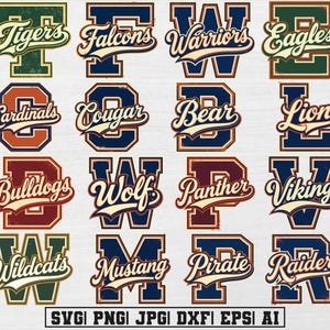 May include: A collection of sixteen varsity-style letter graphics, each featuring a sports team name in cursive script layered over a block letter. The designs use a palette of navy, dark green, red, and cream with a distressed texture effect.