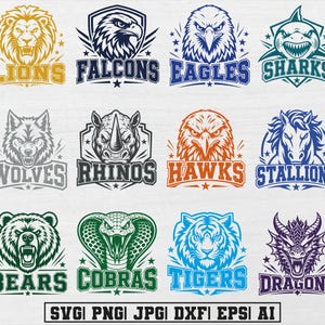 May include: A collection of twelve sports team logo designs featuring animal heads including lions, falcons, eagles, sharks, wolves, rhinos, hawks, stallions, bears, cobras, tigers, and dragons, with the text SVG, PNG, JPG, DXF, EPS, AI at the bottom.