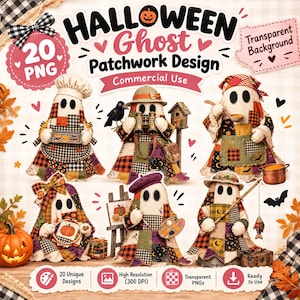 Pode incluir: Uma coleção digital de 20 designs de fantasmas de Halloween em patchwork no formato PNG. Os fantasmas apresentam vários temas, incluindo chef, explorador, cozinheiro, artesão, artista e pescador, com padrões de tecido coloridos.