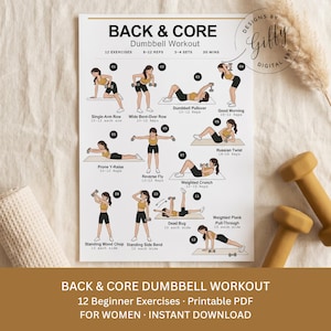 May include: A white instructional poster titled BACK & CORE Dumbbell Workout featuring twelve numbered illustrations of exercises with dumbbells. The text includes exercise names, repetition counts, and set recommendations. Two tan dumbbells are visible.