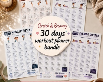 May include: A 30-day workout planner bundle featuring four printable trackers titled Morning Stretch, Active Recovery, Mobility Reset, and Evening Stretch. Each sheet includes daily exercise illustrations, checkboxes, and the text Stretch & Recovery 30 days workout planner bundle.