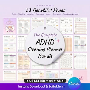 ADHD Cleaning Planner Printable | Cleaning Schedule & Checklist Bundle | Editable in Canva | Daily Weekly Routine for Adults | A4 A5 Letter