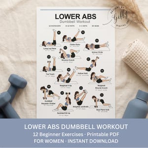 Könnte beinhalten: Ein weißes Poster mit dem Titel LOWER ABS Dumbbell Workout, das zwölf nummerierte Illustrationen von Übungen mit Hanteln zeigt. Der Text enthält Übungsnamen wie Lying Leg Raise, Scissor Kicks und Weighted Jackknife sowie Angaben zu Wiederholungen.