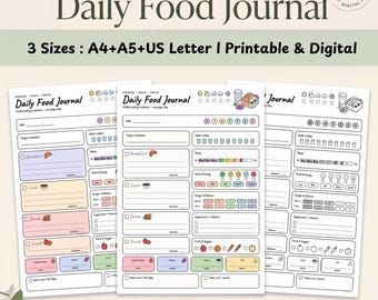 Daily Food Journal Printable, Mindful Eating Tracker, Meal & Calorie Log, Food Diary for Women, A4 A5 US Letter PDF Instant Download