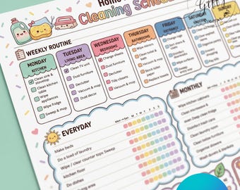 Leuke printbare schoonmaakplanner, schattige checklist voor het schoonmaken van het huis, wekelijkse en maandelijkse takenlijst, bewerkbaar Canva PDF-bestand