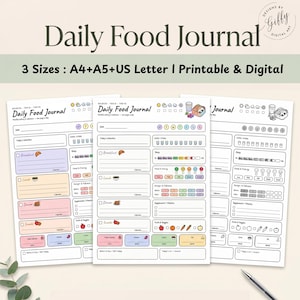 May include: A Daily Food Journal printable template featuring sections for breakfast, lunch, dinner, snacks, water intake, sleep, mood, and energy. The layout includes checkboxes, icons, and lines for tracking daily nutrition, available in A4, A5, and US Letter sizes.