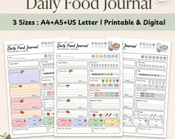 Op de afbeelding: Een printbaar dagelijks voedingsdagboek met secties voor ontbijt, lunch, diner, snacks, waterinname, slaap, stemming en energie. De lay-out bevat selectievakjes en iconen, beschikbaar in de formaten A4, A5 en US Letter.