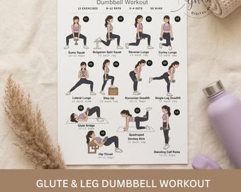 Printbaar PDF-bestand met oefeningen voor billen en benen met dumbbells, trainingsschema voor de benen voor vrouwen, oefenschema voor de billen, fitnessplanner, direct te downloaden.