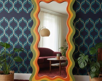 Wavy Full Length Mirror, Retro Wavy Floor Mirror, Large Aesthetic Mirror, 70s Style Squiggle Mirror, Colorful Wall Decor and Mirror
