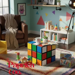 May include: A multi-coloured Rubik's Cube used as a table, with a white mug and a small plant on top. The cube is surrounded by a patterned rug, a brown armchair, and a white bookshelf. The room has a playful, modern design.