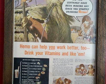Framed 1940's Borden's 'Drink Your Vitamins with Hemo' magazine ad featuring Elsie the Cow.