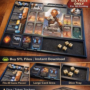 Puede incluir: Un tablero de jugador negro impreso en 3D para Dice Throne y Dice Throne Adventures. El tablero tiene compartimentos para cartas, dados y fichas, con el texto "3D Printed PLAYER DASHBOARD" y "Buy STL Files / Instant Download".