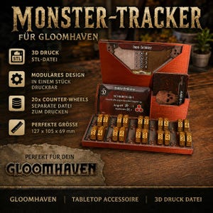 Könnte beinhalten: Ein 3D-gedruckter Monster-Tracker für das Brettspiel Gloomhaven, bestehend aus einem roten Kartenhalter mit Fächern und einer Basis mit 20 goldfarbenen Zählrädern. Die Einheit misst 127 x 105 x 69 mm und enthält verschiedene Textbeschriftungen.