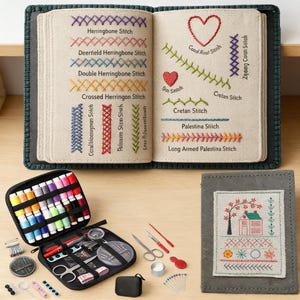 May include: An open book displays various embroidery stitches in colorful thread, including herringbone and Cretan stitches. A sewing kit with spools of thread, scissors, and needles sits below. A small, embroidered house design is on a gray cover.