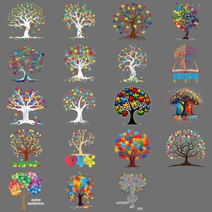 May include: A collection of colorful tree designs, each with unique patterns and styles. Some trees feature puzzle piece leaves, while others have text like "Autism Awareness" and "Be Kind". The trees are set against a gray background.