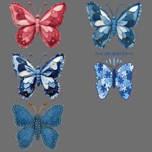 Könnte beinhalten: Fünf Schmetterlingsdesigns auf grauem Hintergrund. Einer ist rosa mit goldenen Sternen, zwei sind blau mit weißen Akzenten, einer ist aus Jeansstoff und einer ist ein Puzzledesign mit dem Text "YOU ARE BEAUTIFUL".