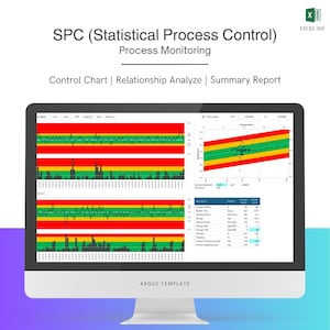 Può includere: Un monitor di computer che mostra un dashboard di analisi dei dati con grafici. Lo schermo mostra il testo "SPC (Statistical Process Control)" e "Process Monitoring". Il logo di Excel 365 si trova in alto a destra.