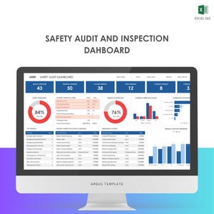 Puede incluir: Un monitor de computadora que muestra un panel de control de auditoría e inspección de seguridad en Excel 365. La pantalla presenta varias métricas de datos, incluidos porcentajes de cumplimiento, tasas de cierre y tablas de acciones.