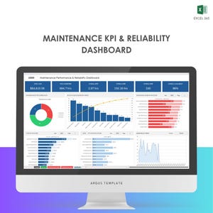 May include: A computer monitor displaying a Maintenance KPI & Reliability Dashboard in Excel 365. The screen shows various data visualizations including a pie chart, bar charts, and line graphs tracking maintenance performance metrics and costs.
